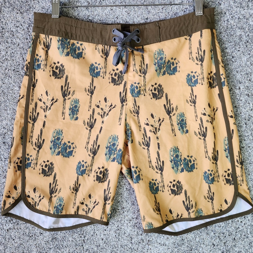 Prana Board Shorts Mens 30 Tan Cactus Print Recycled Stretch Swim Trunks EUC